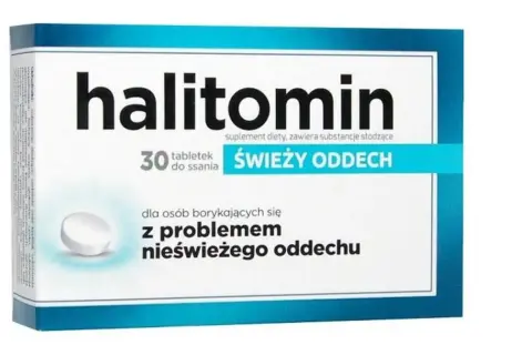 Halitomin - lek na nieświeży oddech. Opakowanie 30 tabletek do ssania dla osób z problemem nieświeżego oddechu. Zapewnia świeży oddech.