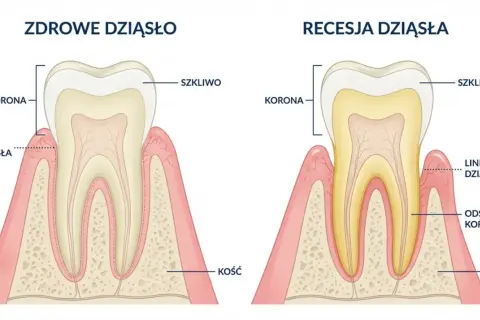 Zdrowe dziąsło vs. recesja dziąsła. Ilustracja pokazuje odsłonięty korzeń zęba, co może prowadzić do nadwrażliwości dziąseł.