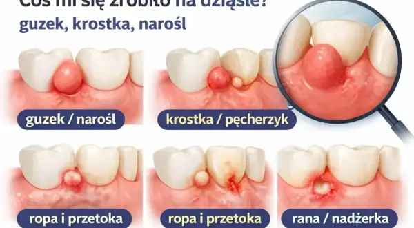 Ilustracja pokazuje różne zmiany na dziąśle: guzek, krostkę, ropę i przetokę, a także ranę. Cysta na dziąśle może przybierać różne formy.
