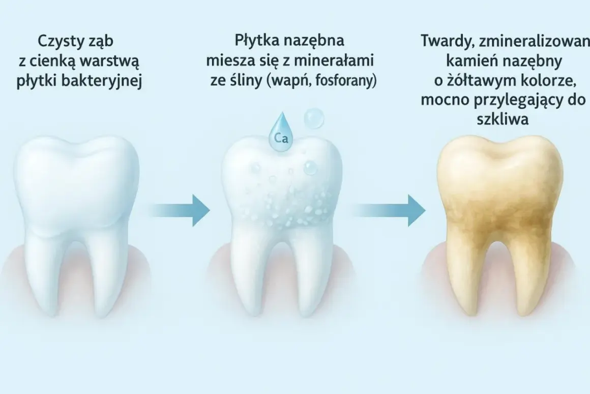 Jak wygląda kamień na zębach: od czystego zęba, przez płytkę nazębną mieszającą się z minerałami, aż do twardego, żółtawego kamienia mocno przylegającego do szkliwa.