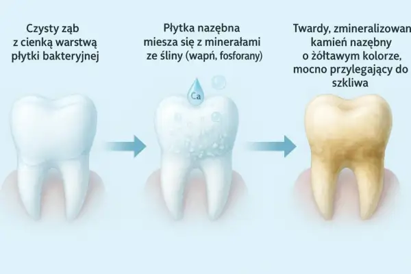 Jak wygląda kamień na zębach: od czystego zęba, przez płytkę nazębną mieszającą się z minerałami, aż do twardego, żółtawego kamienia mocno przylegającego do szkliwa.