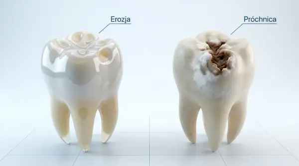 Zdrowy ząb obok zniszczonego przez próchnicę. Czy ząb to kość? Nie, to skomplikowana struktura, która wymaga troski.